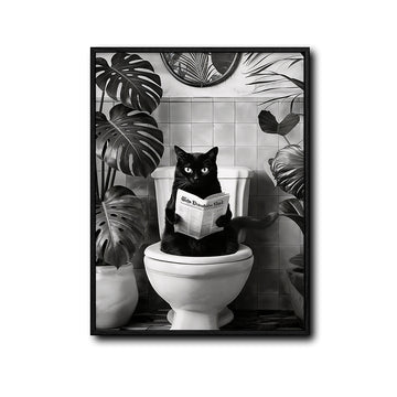 Black And White Black Cat Reading Newspaper On Toilet Canvas Wall Art Funny Tropical Bathroom Wall Deco