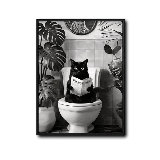 Black And White Black Cat Reading Newspaper On Toilet Canvas Wall Art Funny Tropical Bathroom Wall Deco