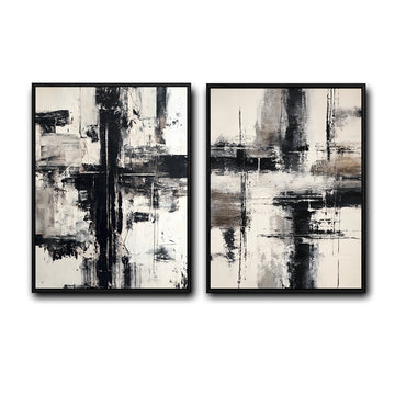 2 Piece Modern Neutral Brushstroke Abstract Canvas Prints Black Beige Textured Painting Organic Modern Wall Art