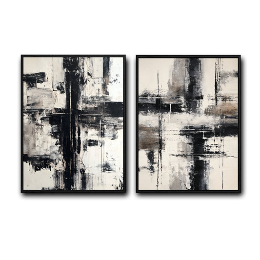 2 Piece Modern Neutral Brushstroke Abstract Canvas Prints Black Beige Textured Painting Organic Modern Wall Art