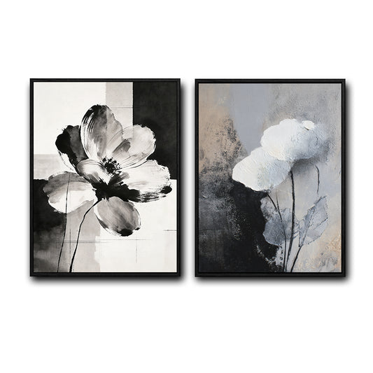 2 Piece Textured Abstract Floral Canvas Prints Monochrome Poppy Painting Modern Organic Neutral Wall Art