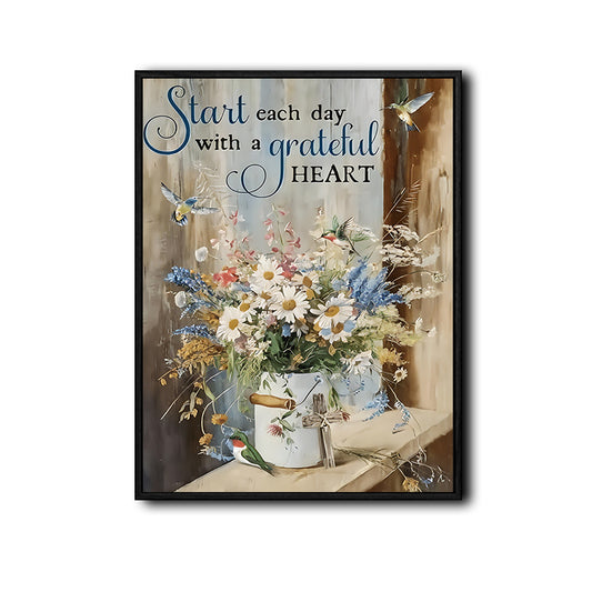 Rustic Motivational Wall Decor, Wild Daisies Wildflowers Bucket Hummingbird “Start Each Day With A Grateful Heart” Canvas Art, Vertical Country Farmhouse Religious Floral Artwork