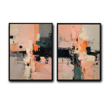 2 Piece Blush Pink Grey Black Textured Abstract Canvas Prints Warm Tone Impasto Oil Painting Style Neutral Wall Art