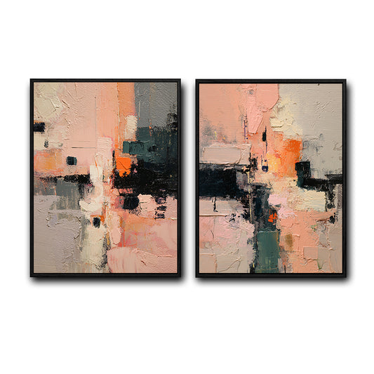 2 Piece Blush Pink Grey Black Textured Abstract Canvas Prints Warm Tone Impasto Oil Painting Style Neutral Wall Art