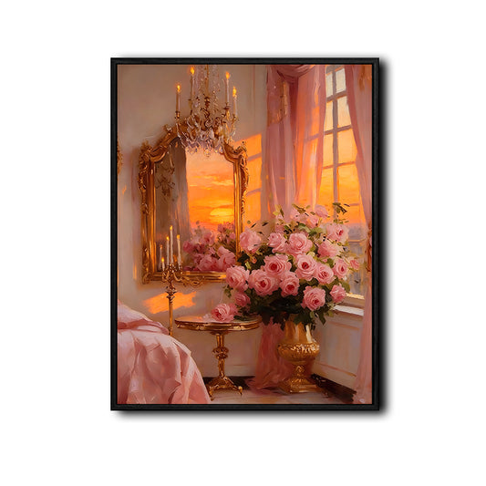 Valentine Pink Roses Vintage French Bedroom Canvas Wall Art, Sunset Romantic Rococo Mirror Chandelier Oil Painting Framed Canvas Print, Coquette Bedroom Wall Decor