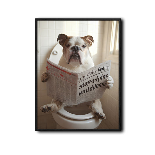 Funny Bulldog Toilet Reading Newspaper Wall Art, English Bulldog Bathroom Canvas Print, Humorous Dog Bathroom Wall Decor