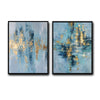 2 Piece Modern Coastal Blue Gold Leaf Abstract Canvas Prints Vertical Brushstroke Painting Contemporary Wall Art