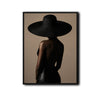 Moody Fashion Portrait Canvas Poster, Chic Woman From Behind With Oversized Black Hat Artwork for Vanity Room Gallery Wall Decor