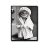 Black And White Cute Tabby Cat In Bathrobe Shower Cap Canvas Wall Art Funny Animal Bathroom Wall Decor