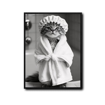 Black And White Cute Tabby Cat In Bathrobe Shower Cap Canvas Wall Art Funny Animal Bathroom Wall Decor