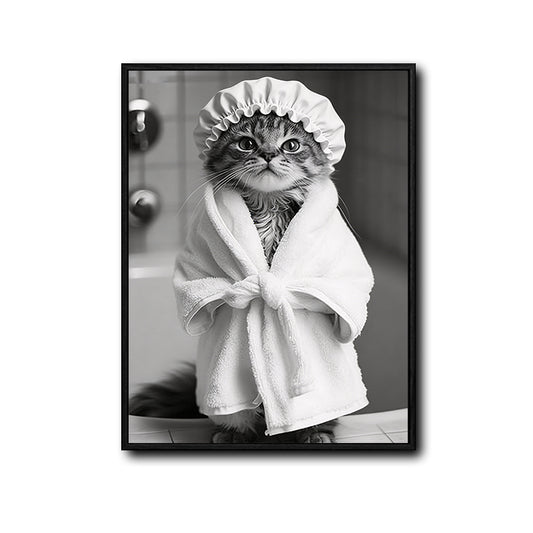 Black And White Cute Tabby Cat In Bathrobe Shower Cap Canvas Wall Art Funny Animal Bathroom Wall Decor