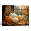 Fall Pumpkin Window Canvas Wall Art, Orange White Pumpkins Autumn Maple Leaves Framed Canvas Print, Farmhouse Thanksgiving Home Decor