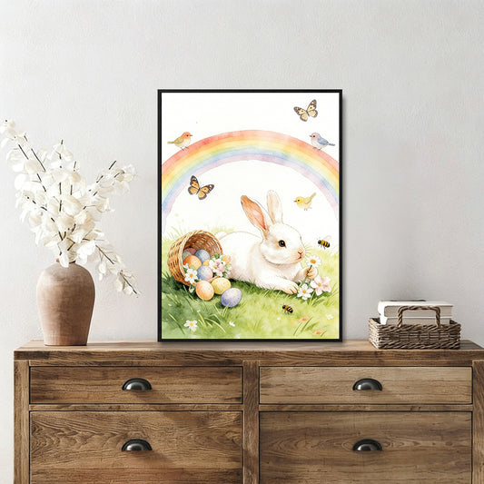 Easter Bunny Rainbow Wall Art Framed, Cute White Rabbit with Eggs Canvas Print, Light Oak Wooden Frame, Spring Nursery & Kids Room Decor, Vintage Watercolor Easter Decoration