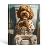 Goldendoodle Dog On Toilet With Phone Canvas Wall Art, Funny Paw Print Pajamas Dog Vertical Print, Humorous Bathroom Restroom Wall Decor