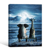 Elephant and Giraffe Watching Full Moon Over Ocean Canvas Wall Art, Wild Animals on Seaside Rock Vertical Print, Mystical Night Seascape Living Room Bedroom Wall Decor