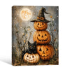 Halloween Black Cat Stacked Pumpkin Canvas Print, Witch Hat Jack O Lantern Full Moon Vintage Fall Wall Art