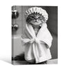 Black And White Cute Tabby Cat In Bathrobe Shower Cap Canvas Wall Art Funny Animal Bathroom Wall Decor