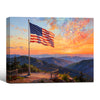 Patriotic USA Flag Firework Sunset Mountain View Canvas Wall Art, Independence Day Framed Artwork Living Room Decor
