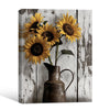 Rustic Sunflower Dark Pitcher Canvas Wall Art, Distressed White Weathered Wood Floral Still Life Vertical Print, Farmhouse Neutral Country Sunflower Wall Decor
