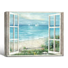 Open White Window Beach Sailboat Canvas Print, Coastal Ocean View Horizontal Wall Art