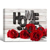 Red Rose HOME Sign Canvas Wall Art, Rustic White Wood Background Framed Canvas Print, Romantic Valentine Farmhouse Entryway Home Decor