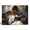 Elegant Black Woman Reading Canvas Print, Vintage Textured Oil Painting Female Portrait Wall Art