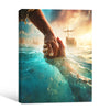 Jesus Reaching Hand Saving Peter On Water Framed Canvas Wall Art, Christian Sea Miracle Religious Faith Home Decor Print