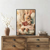 Vintage Easter Bunny Reading Book Wall Art, Cute Rabbit in Pink Dress Framed Canvas Print, Pastel Spring Home Decor for Nursery Bedroom Living Room, Light Oak Wooden Frame Farmhouse Wall Decor