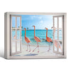 Open White French Window Flamingo Beach Canvas Wall Art, Tropical Ocean Seaside Flamingo Fake Window Horizontal Print, Coastal Beach House Summer Wall Decor