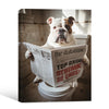 Funny English Bulldog On Toilet Reading Newspaper Wall Art, Quirky Dog Bathroom Canvas Print, Humorous Pet Restroom Wall Decor