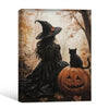 Gothic Witch Black Cat Pumpkin Canvas Print, Vintage Autumn Forest Halloween Wall Art