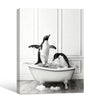 Novelty Penguin Bath Wall Canvas, Monochrome Penguins Splashing In Bathtub Artwork, Fun Powder Room Home Decor