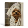 Whimsical Yorkie Bathroom Poster, Elegant Yorkshire Terrier With Lace Spa Towel Print, Humorous Restroom Wall Art For Dog Lovers