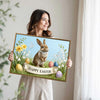 Framed Vintage Easter Bunny Wall Art - Muted Spring Rabbit Oil Painting Print, Farmhouse Easter Wall Decor, Rustic Cottagecore Animal Picture for Shelf, Mantle & Holiday Home Decor