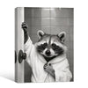 Black And White Raccoon In Bathrobe Opening Bathroom Door Canvas Wall Art Funny Modern Bathroom Wall Decor