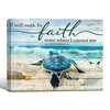 Farmhouse Christian Coastal Wall Decor, Sea Turtle Walking On Beach With Quote I Will Walk By Faith Even When I Cannot See 2 Corinthians 5:7, Distressed Wood Background Nautical Inspirational Horizontal Canvas Artwork