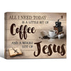 Farmhouse Christian Canvas Wall Art, Coffee & Jesus Quote Vintage Wooden Plank Poster, Coffee Bar Religious Sign