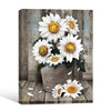 Rustic Farmhouse Wall Decor, White Sunflowers In Galvanized Bucket “FLOWERS & SUNLIGHT” Distressed Wood Background Vertical Canvas Art, Shabby Chic Country Floral Artwork