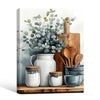 Rustic Farmhouse Kitchen Canvas Wall Art, Eucalyptus Vase Ceramic Jars Cooking Utensils Watercolor Poster