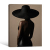 Moody Fashion Portrait Canvas Poster, Chic Woman From Behind With Oversized Black Hat Artwork for Vanity Room Gallery Wall Decor