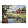 Red Barn Pond Wildflower Canvas Wall Art, American Flag Country Farm Landscape Framed Canvas Print, Farmhouse Patriotic Home Decor