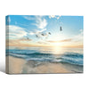 Sunrise Beach Ocean Canvas Wall Art, Flying Seagull Coastal Seascape Print, Horizontal Modern Farmhouse Blue Sea Wave Living Room Wall Decor