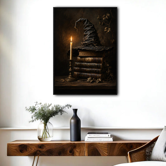 Dark Academia Witch Hat Old Books Candle Halloween Canvas Wall Art