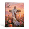 He is Risen Cross White Drape Rose Field Religious Canvas Wall Art