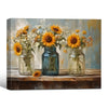 Sunflower Wildflower Mason Jar Canvas Wall Art, Three Glass Jars Floral Still Life Horizontal Print, Farmhouse Rustic Country Sunflower Wall Decor