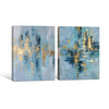 2 Piece Modern Coastal Blue Gold Leaf Abstract Canvas Prints Vertical Brushstroke Painting Contemporary Wall Art