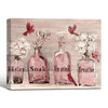 Farmhouse Bathroom Wall Print, Red Cardinals Pink Glass Vases Relax Soak Unwind Breathe Spa Canvas Decor