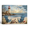 Vintage Lighthouse Beach Sea Turtle Canvas Print, Coastal Sunset Horizontal Wall Art