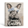 Happy Easter Grey Bunny Blue Floral Crown Canvas Wall Art