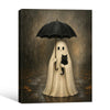 Vintage Ghost Holding Black Cat Umbrella Rainy Halloween Framed Wall Art Print